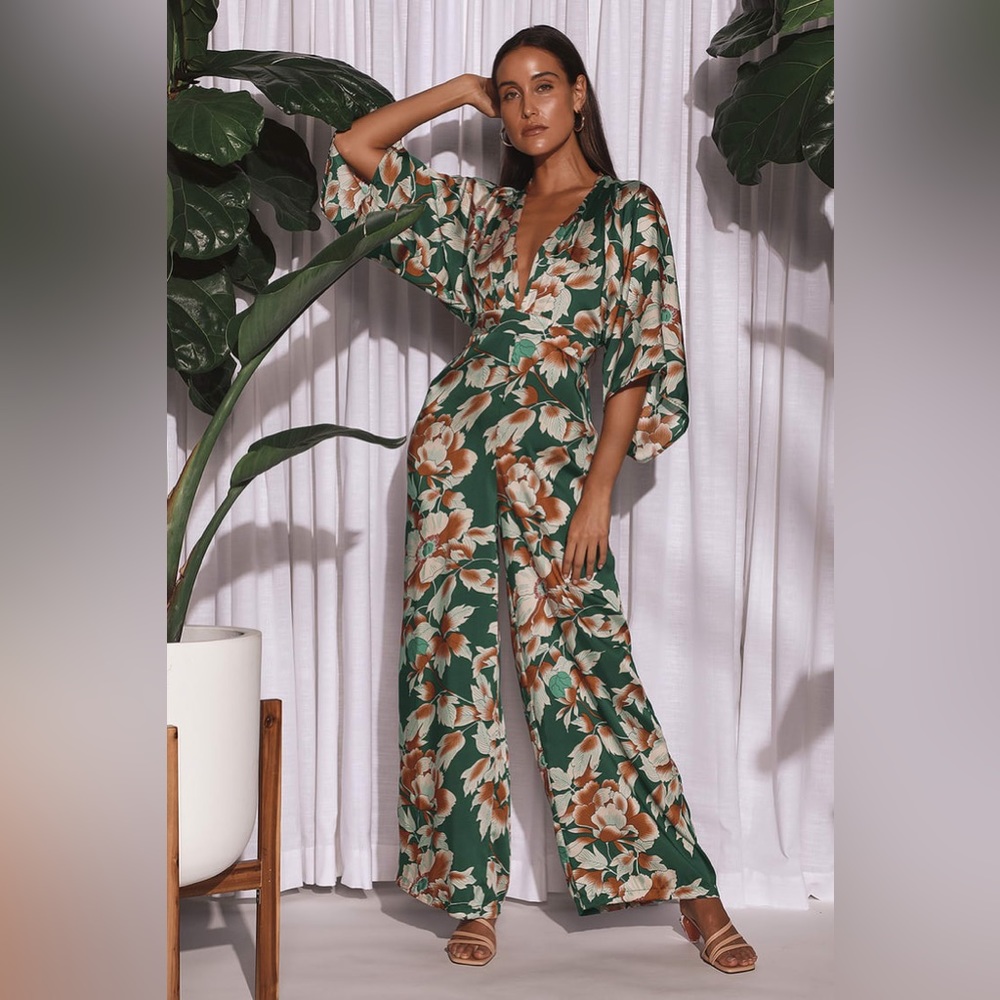 From Sunrise Teal Floral Print Bell Sleeve Wide-Leg Jumpsuit, Lulus Size XS
